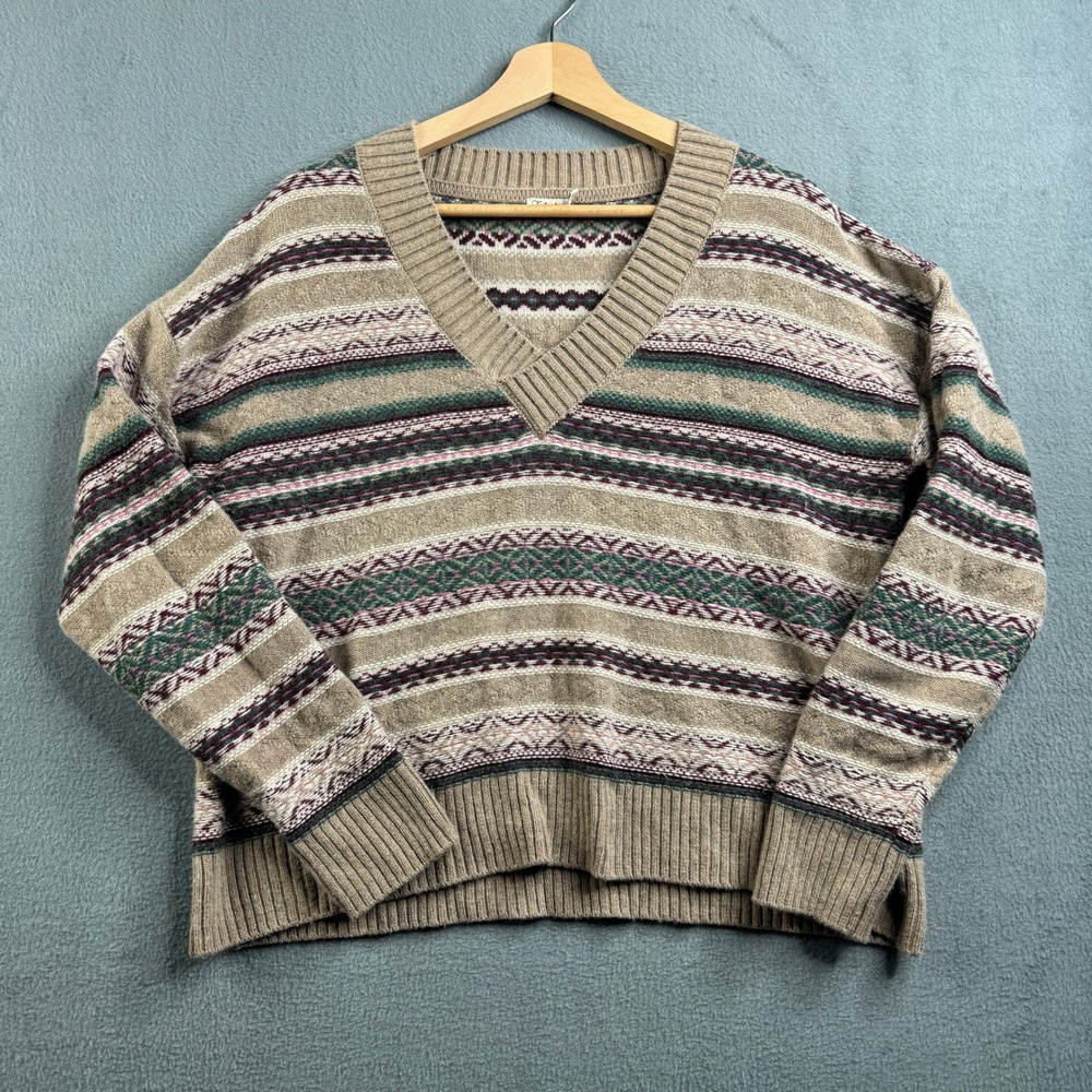 Faherty Merino Wool Cotton Fair Isle V-Neck Sweater Tan Multi Long sleeve Mens M